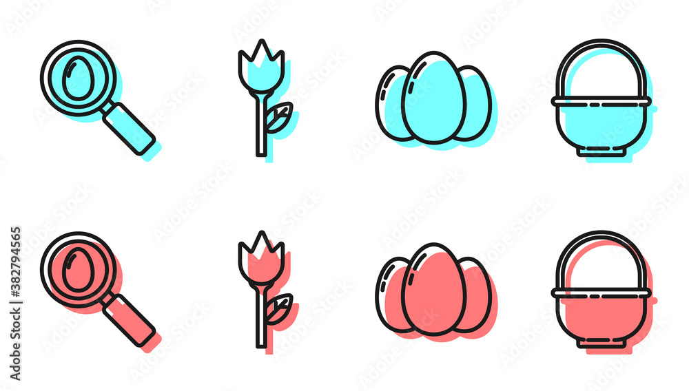 Set line Easter eggs, Search and easter egg, Flower tulip and Basket icon. Vector.