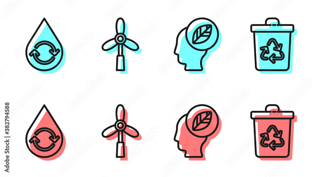 Set line Human head with leaf inside, Recycle clean aqua, Wind turbine and Recycle bin with recycle 