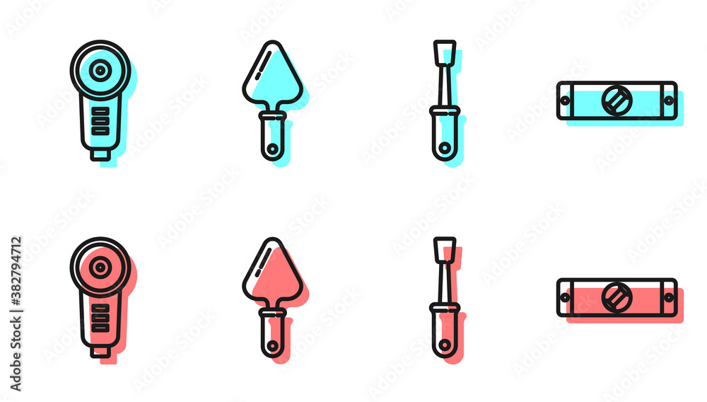 Set line Screwdriver, Angle grinder, Trowel and Construction bubble level icon. Vector.