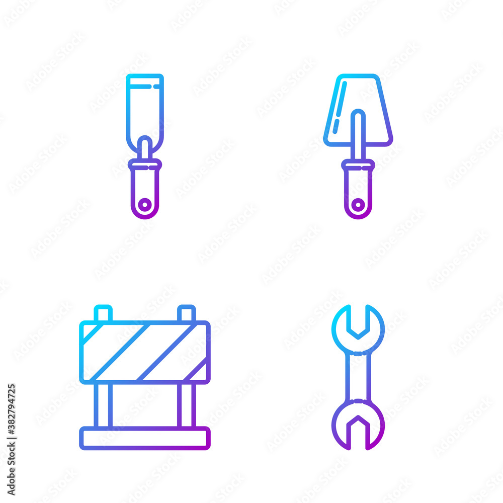 Set line Wrench spanner, Road barrier, Rasp metal file and Trowel. Gradient color icons. Vector.