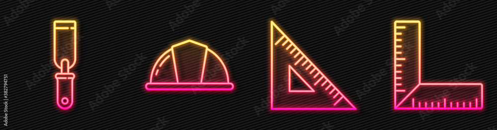 Set line Triangular ruler, Rasp metal file, Worker safety helmet and Corner ruler. Glowing neon icon