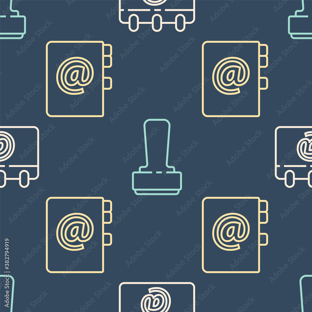 在无缝模式上设置带有电子邮件、通讯簿和印章的行日历。矢量。