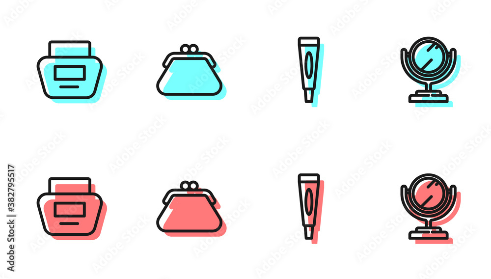 Set line Cream or lotion cosmetic tube, , Clutch bag and Round makeup mirror icon. Vector.