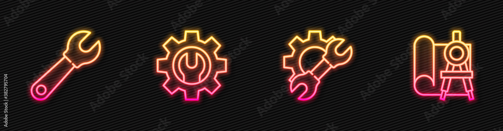 Set line Wrench spanner and gear, , and Graphing paper compass. Glowing neon icon. Vector.