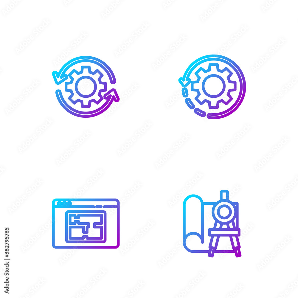 Set line Graphing paper and compass, House plan, Gear arrows workflow and . Gradient color icons. Ve