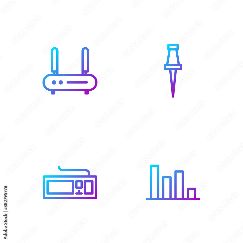 Set line Pie chart infographic, Keyboard, Router and wi-fi signal and Push pin. Gradient color icons