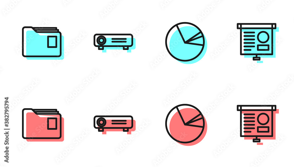 Set line Pie chart infographic, Document folder, Movie, film, media projector and Chalkboard with di