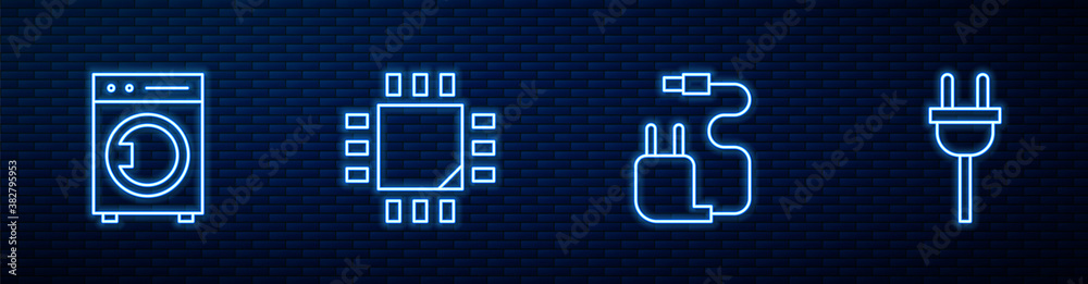 Set line Charger, Washer, Processor with microcircuits CPU and Electric plug. Glowing neon icon on b