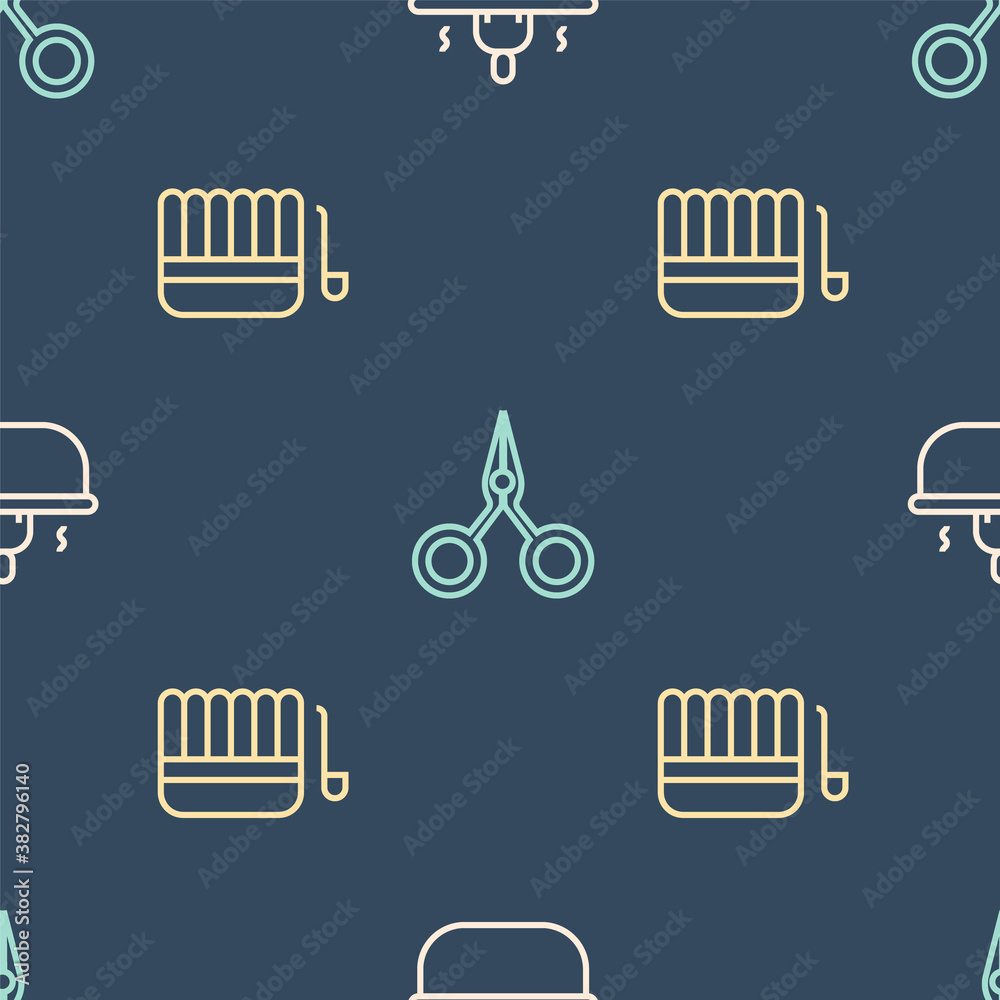 Set line Bathtub, Sauna bucket and ladle and Scissors on seamless pattern. Vector.