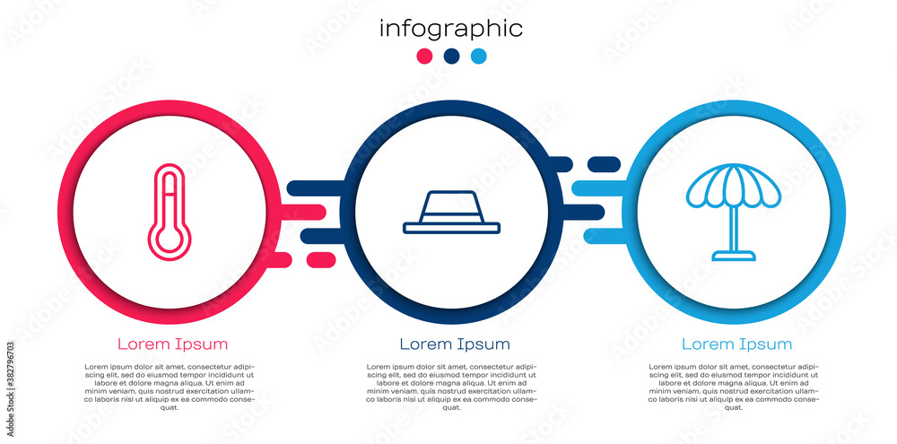 Set line Meteorology thermometer, Man hat with ribbon and Sun protective umbrella for beach. Busines