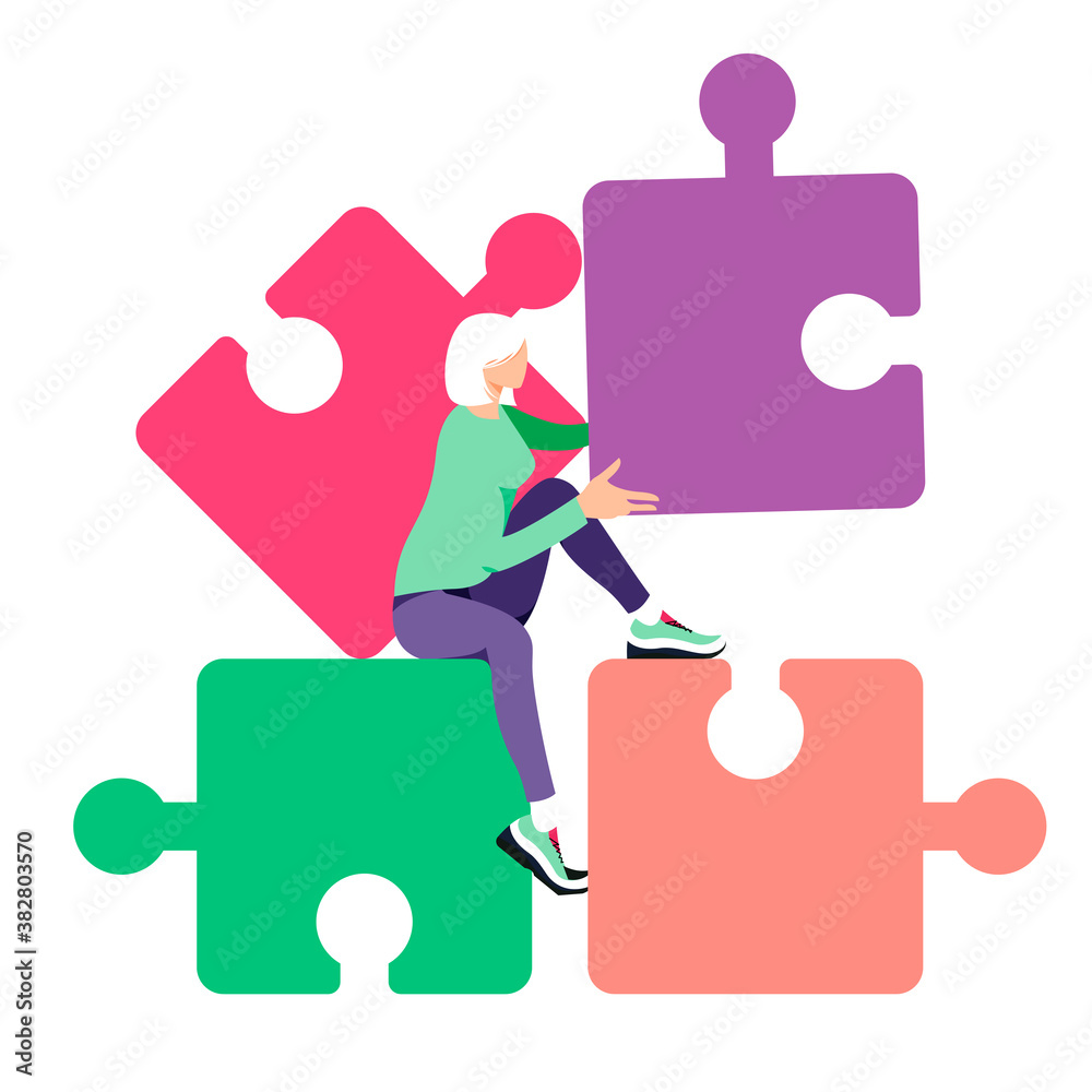 Puzzle solving flat cartoon illustration. Problem solving, task planning, business cooperation banne