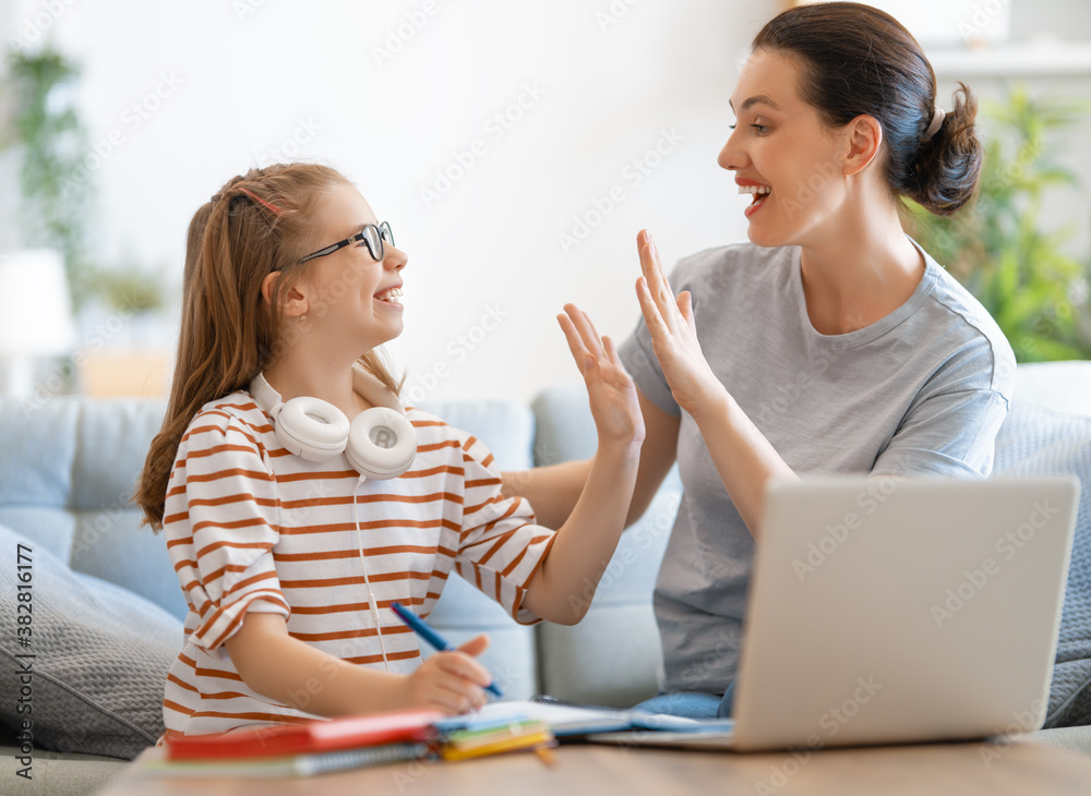 Girl doing homework or online education.