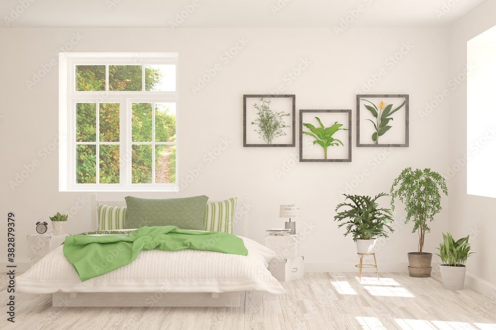 Stylish bedroom in white color with summer landscape in window. Scandinavian interior design. 3D ill