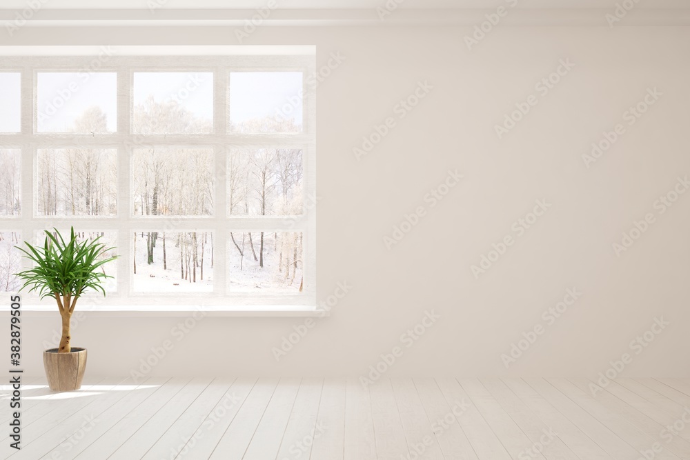 Mock up of empty room in white color with winter landscape in window. Scandinavian interior design. 