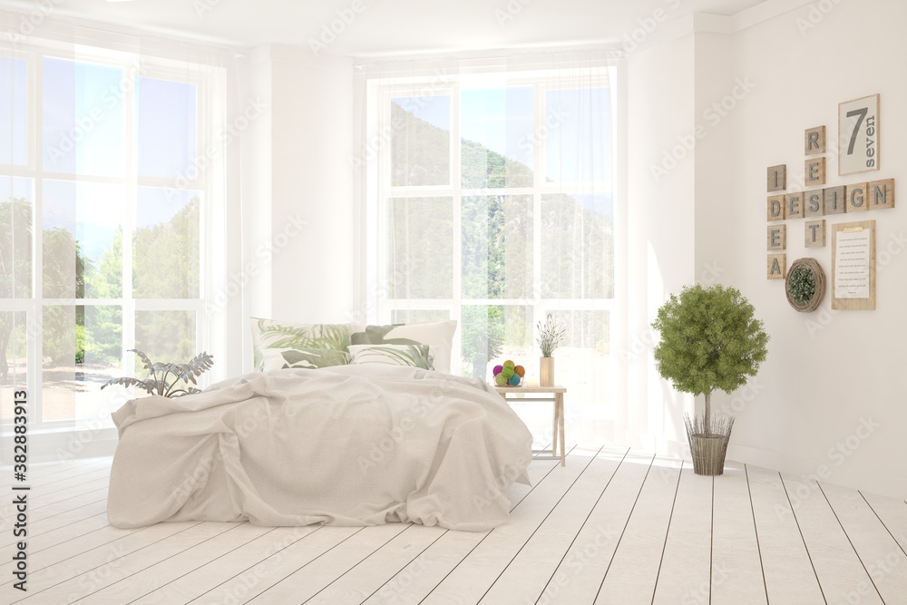 White bedroom interior. Scandinavian design. 3D illustration