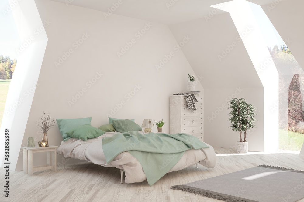 White bedroom interior. Scandinavian design. 3D illustration