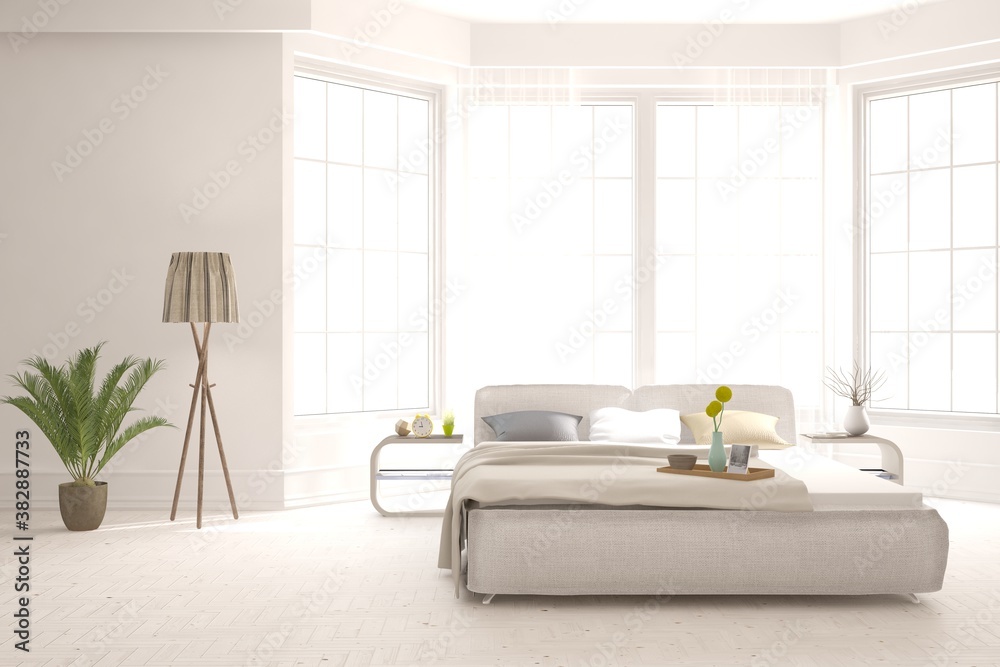 White bedroom interior. Scandinavian design. 3D illustration