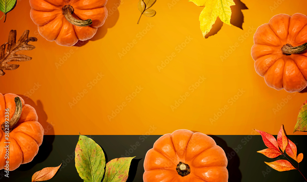 Autumn pumpkins with colorful leaves overhead view - flat lay