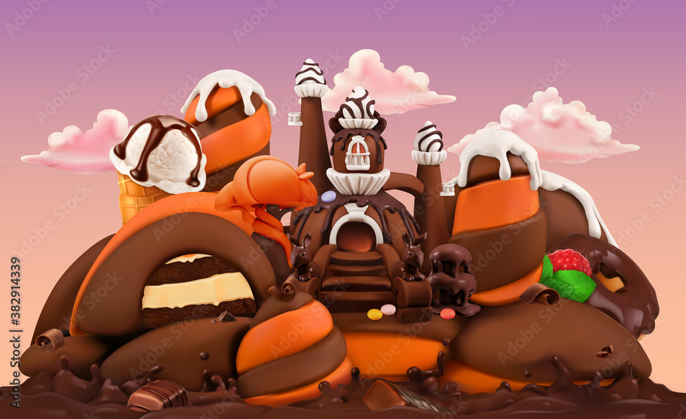 Sweet factory. Chocolate castle 3d vector cartoon illustration. Plasticine art