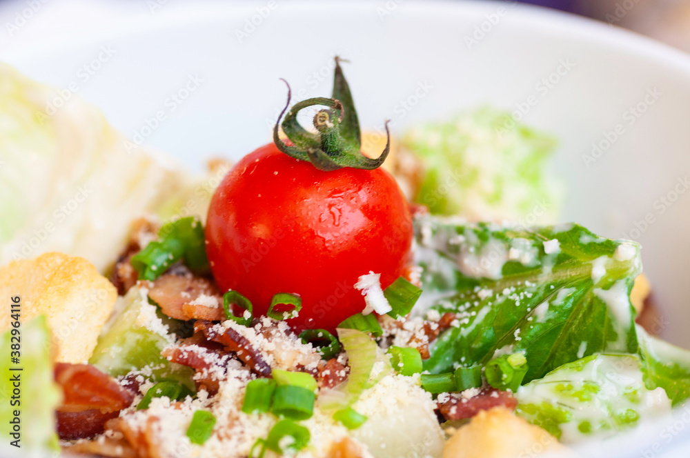 Fresh salmon salad light meal for healthy, Vegetables and red tomato cheese and crispy bread in whit