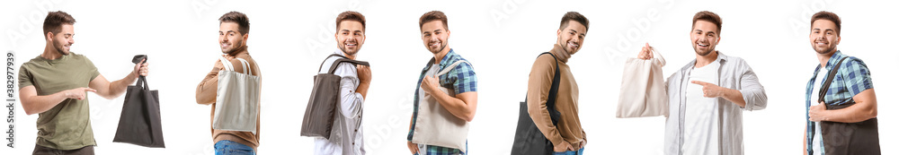 Set of man holding blank bags on white background