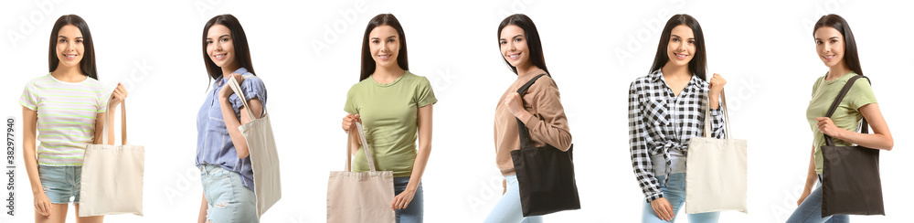 Set of woman holding blank bags on white background