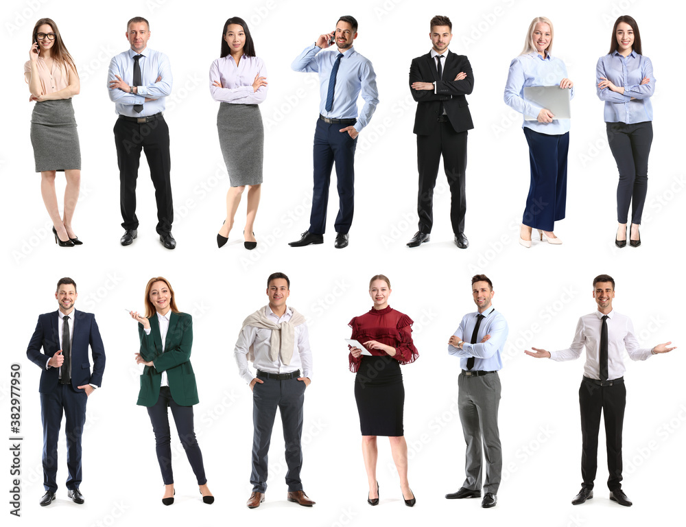 Collage with stylish business people on white background