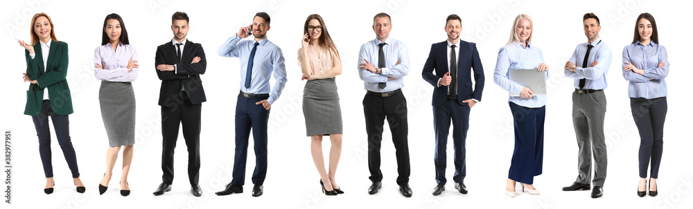 Collage with stylish business people on white background