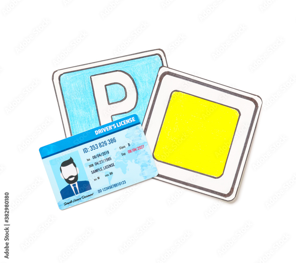 Driving license with road signs on white background