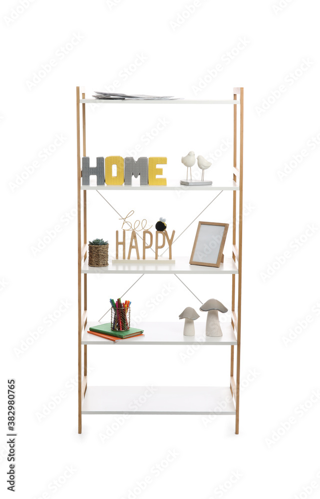 Shelf unit with decor on white background