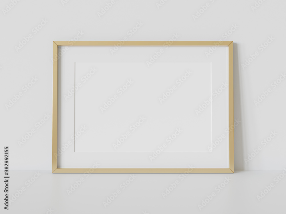 Golden frame leaning on white floor in interior mockup. Template of a picture framed on a wall 3D re