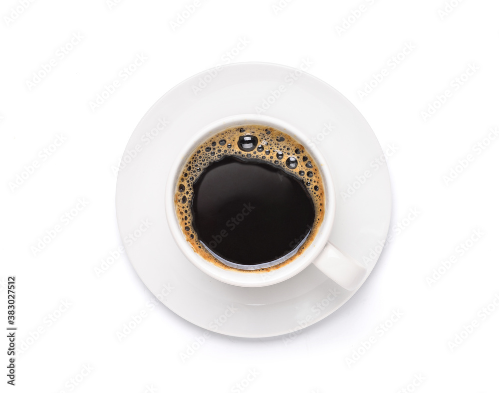 Flat lay (top view) White cup of black coffee  isolated on white background. with clipping path.