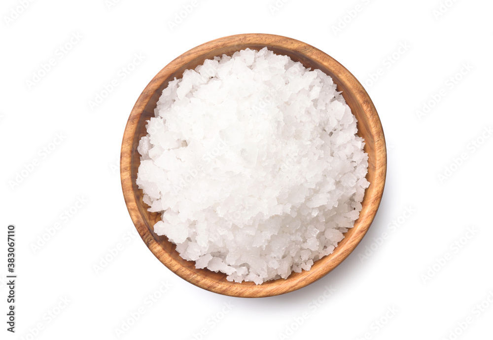 Natural sea salt in wooden bowl isolated on white background.  clipping path.