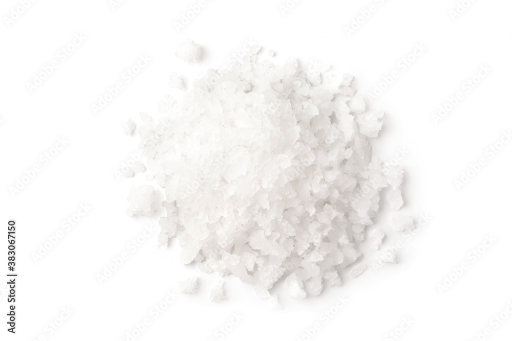 Flat lay (top view) pile of natural sea salt isolated on white background.