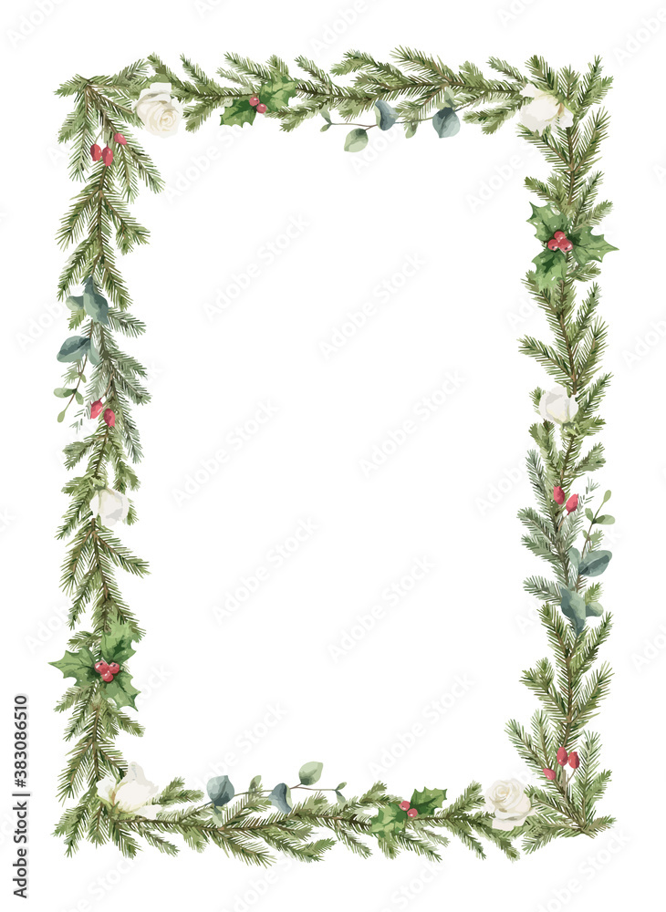 Watercolor vector Christmas wreath with fir branches, white rose and eucalyptus.