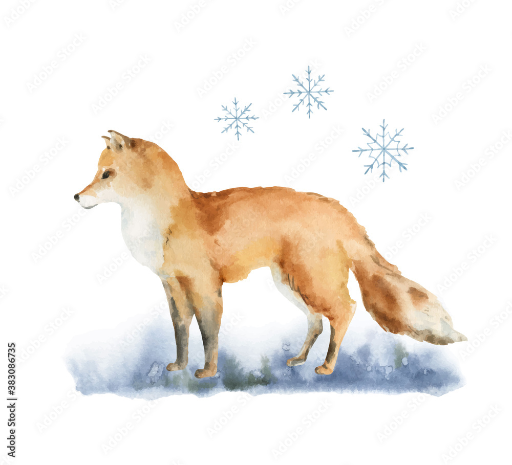 Watercolor vector Christmas card with a Fox and landscape.