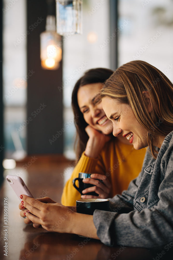 Women sitting at cafe and using phone