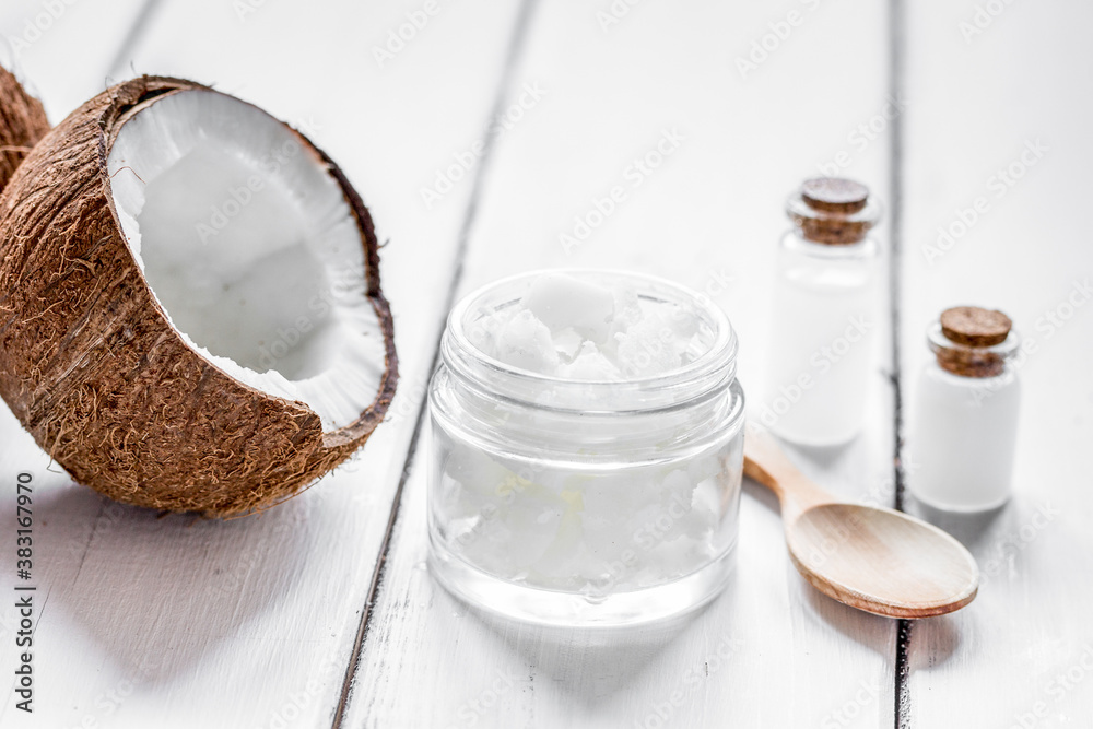 organic cosmetics with coconut on white background mock-up