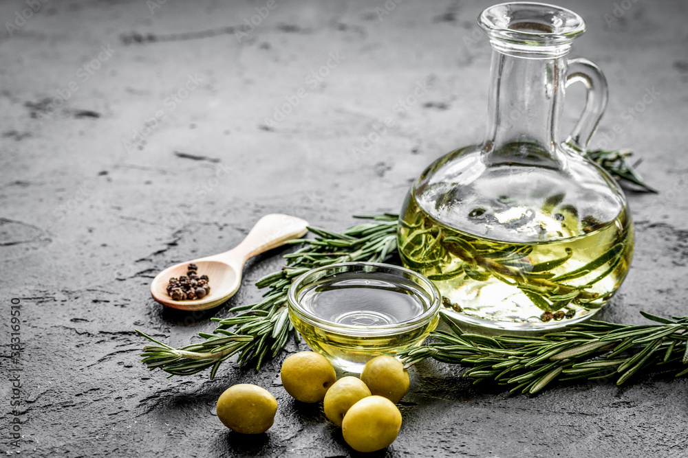 olive oil with ingredients on kitchen table background mockup