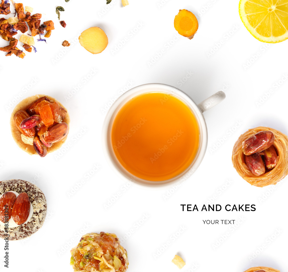 Creative layout made of tea an baklava on a white background. Top view. Tea and cakes. 