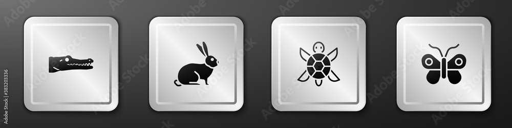 Set Crocodile, Rabbit, Turtle and Butterfly icon. Silver square button. Vector.