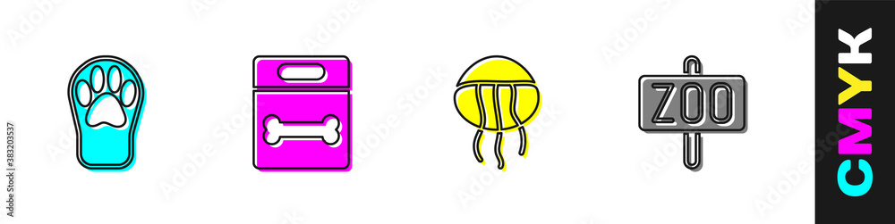 Set Paw print, Dog bone, Jellyfish and Zoo park icon. Vector.