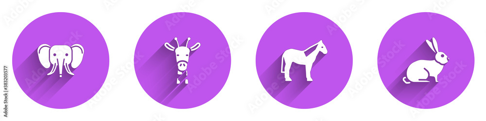 Set Elephant, Giraffe head, Horse and Rabbit icon with long shadow. Vector.