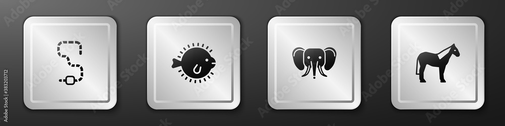 Set Worm, Puffer fish, Elephant and Horse icon. Silver square button. Vector.