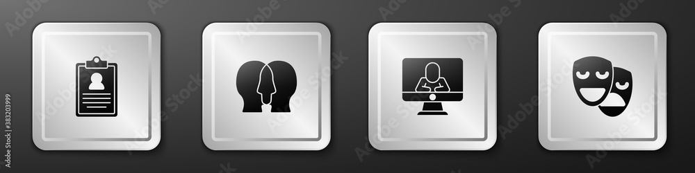 Set Medical clipboard, Bipolar disorder, Psychologist online and Comedy and tragedy masks icon. Silv