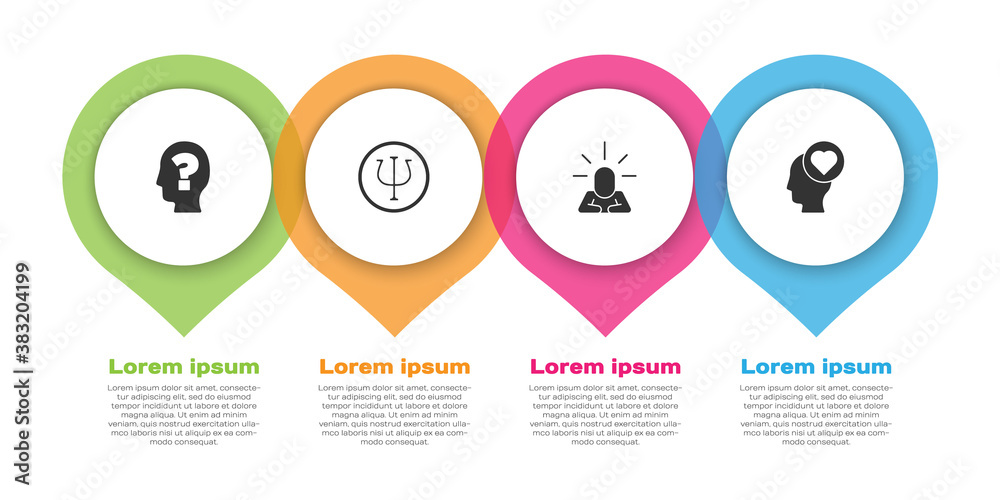 Set Head with question mark, Psychology, Psi, Depression and Broken heart or divorce. Business infog