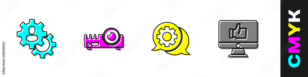 Set Head hunting, Media projector, Speech bubble chat and Hand like icon. Vector.