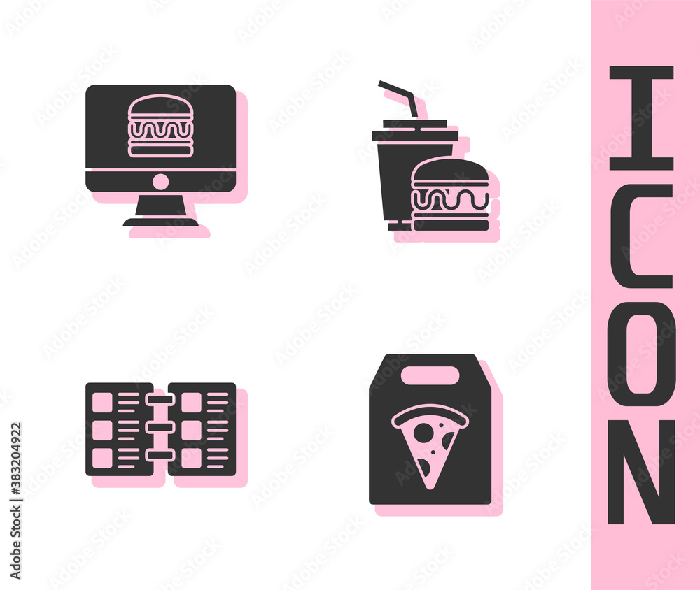 Set Online ordering pizza delivery, and, Restaurant cafe menu and Paper glass burger icon. Vector.