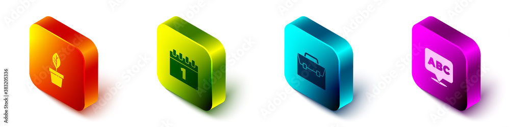 Set Isometric Plant in pot, Calendar first september date, Briefcase and Alphabet icon. Vector.