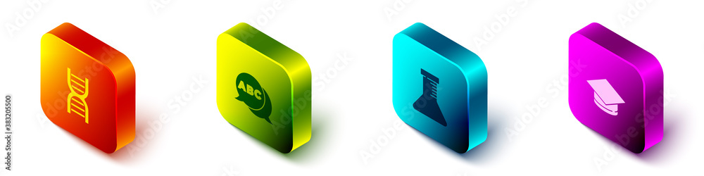 Set Isometric DNA symbol, Alphabet, Test tube and flask and Graduation cap icon. Vector.